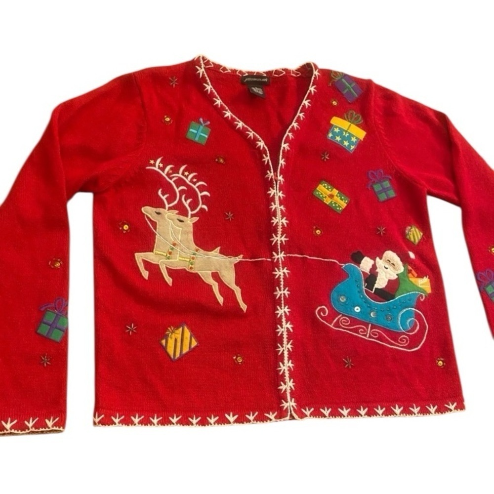 Women’s Christmas Red Santa Reindeer Decorated  Embroidered Cardigan Sweater S/M